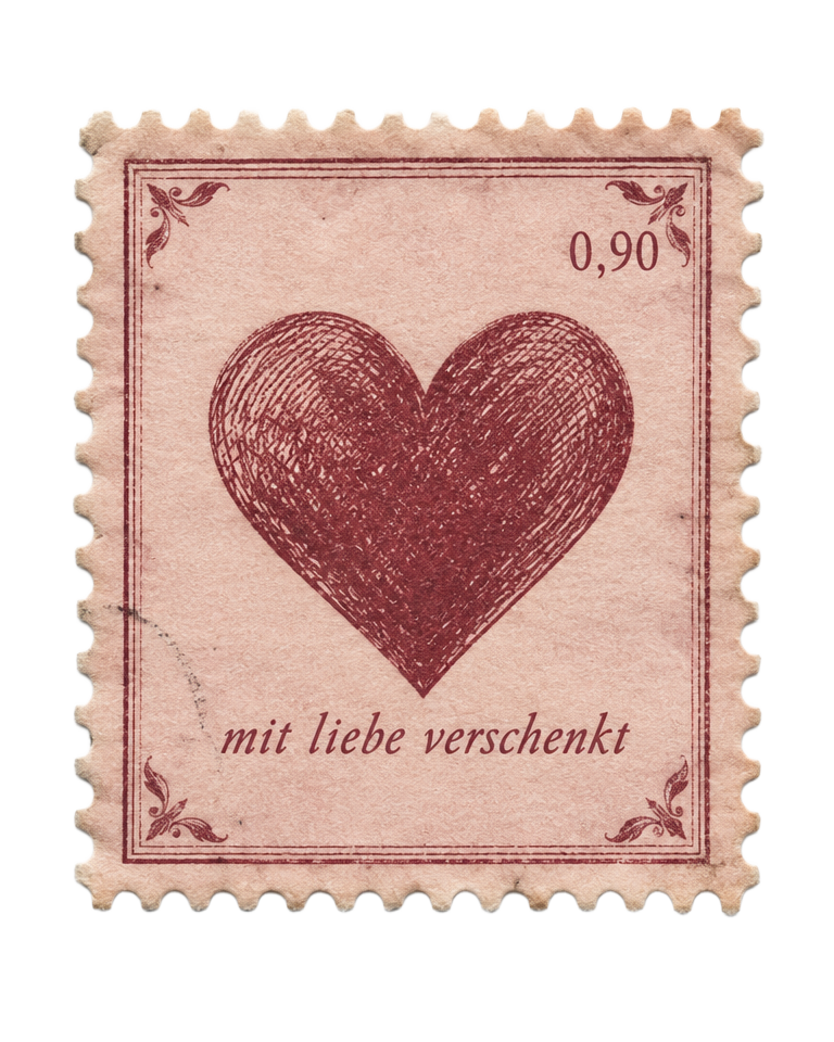 briefmarke mit herzsiegel und dem wortlaut mit liebe verschenkt
